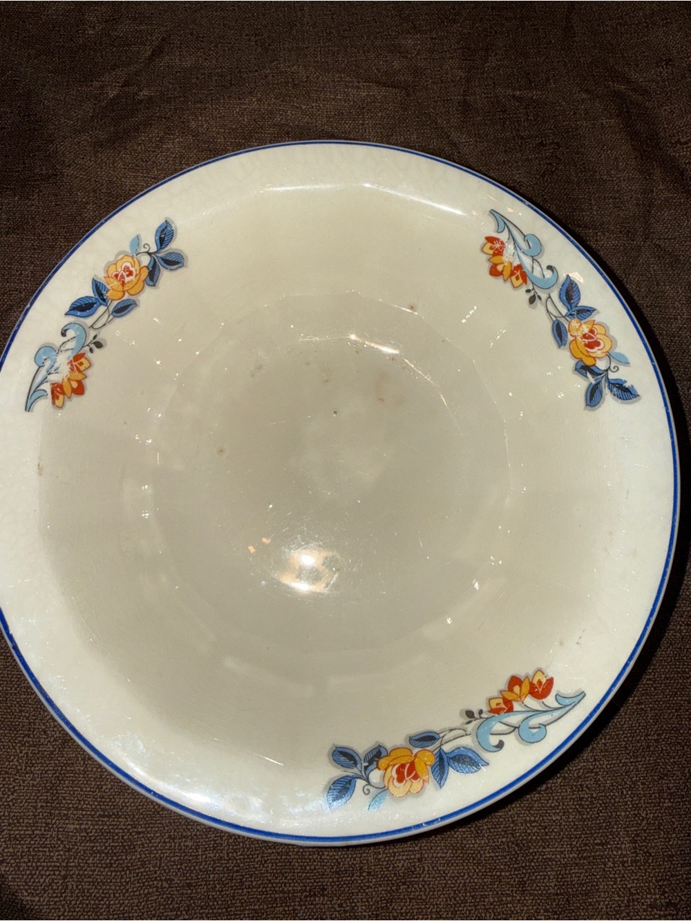 Vintage Edwin M Knowles Ivory Floral Serving Bowl Blue Rim Semi Porcelain 9.5”